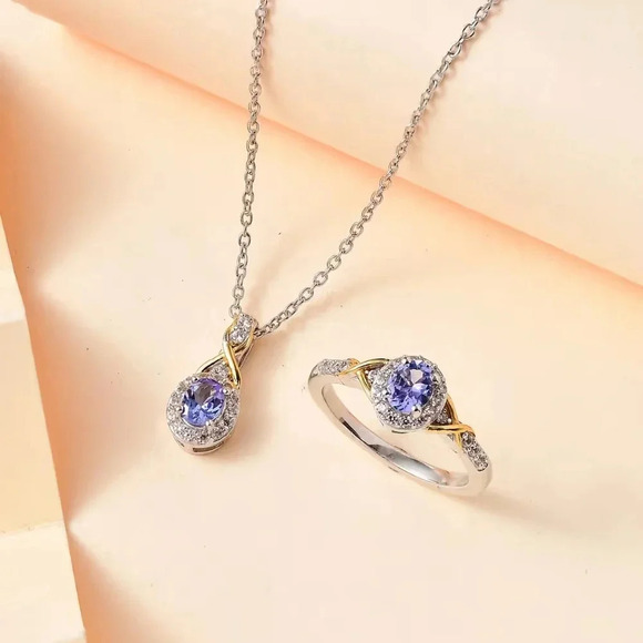 Tanzanite, White Zircon Infinity Halo Ring (Size 7.0), Pendant Necklace 20" 925 - Picture 2 of 14